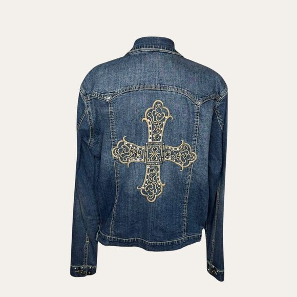 Ethyl Vintage Denim XL Embroidered Rhinestone Cross Jean Jacket - Picture 2 of 8